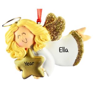 Image of Female Angel Gold Glittered Wings Personalized Ornament BLONDE
