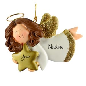 Image of Female Angel Gold Glittered Wings Personalized Ornament BRUNETTE
