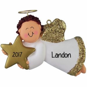 Image of Personalized Boy Angel Gold Glittered Wings Ornament BROWN Hair