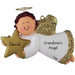 Image of Personalized Grandma's Angel BOY Glittered Ornament BROWN Hair