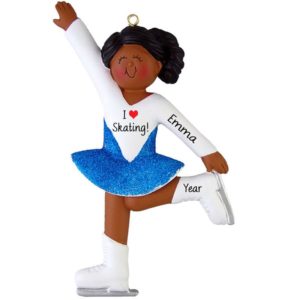 Image of African American Personalized Ice Skater Blue Glittered Skirt Ornament