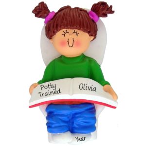 Image of Little GIRL Potty Trained Personalized Ornament BROWN Hair