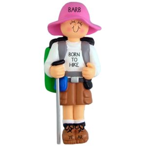Image of FEMALE Hiker Pink Hat Walking Stick Ornament