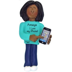 Image of AFRICAN AMERICAN FEMALE Holding Her Smart Phone Ornament