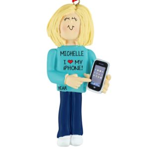 Image of Personalized FEMALE Holding Her Smart Phone Ornament BLONDE