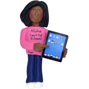 Image of AFRICAN AMERICAN FEMALE Holding Her iPad Tablet Ornament