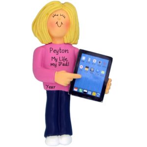 Image of Personalized FEMALE Holding iPad Tablet Ornament BLONDE