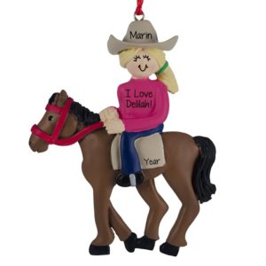 Image of FEMALE Horseback Rider PINK Shirt Christmas Ornament BLONDE