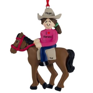 Image of FEMALE Horseback Rider PINK Shirt Christmas Ornament BRUNETTE