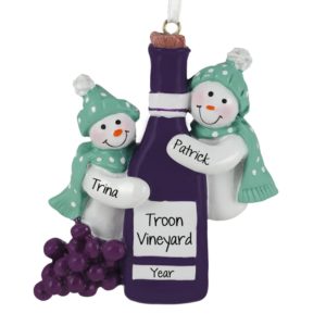 Image of Winery Snow Couple Holding RED Bottle Souvenir Ornament