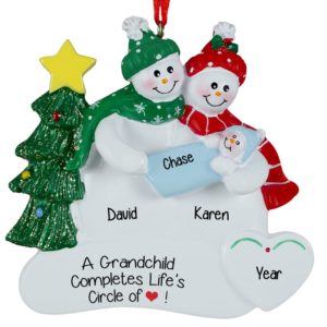 Image of Grandparents Snow Couple Holding Baby GRANDSON Ornament