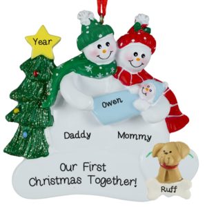 Image of Personalized Snow Couple Holding Baby BOY+ DOG Ornament