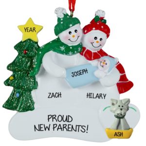 Image of Personalized Snow Couple Holding Baby BOY+ CAT Ornament