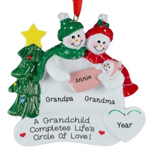 Image of Grandparent's Snow Couple Holding Baby GIRL Ornament