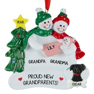 Image of Grandparents Snow Couple With Baby GIRL + Dog Ornament