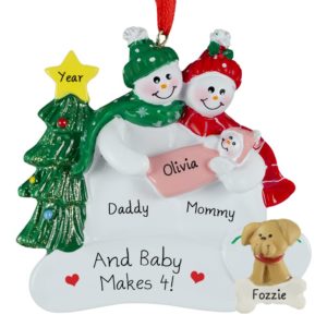 Image of Proud New Parents Holding Baby GIRL + DOG Ornament