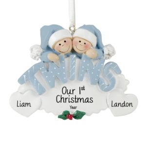 Image of Twin Baby Boys' 1st Christmas BLUE Oval Ornament