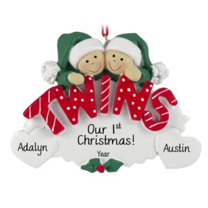 Image of Twins' 1ST Christmas GREEN Hats RED Letters On Oval Ornament