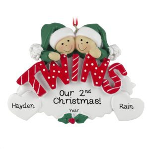 Image of Twins' 2ND Christmas GREEN Hats RED Letters On Oval Ornament