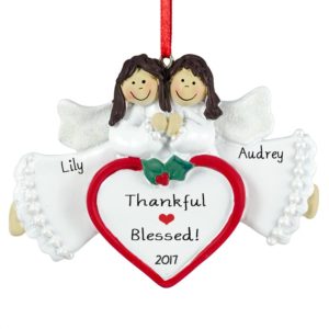 Image of Personalized 2 Granddaughter Angels On Heart Ornament BRUNETTES