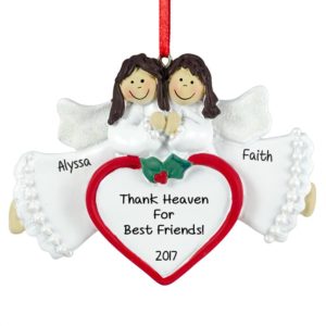 Image of Two Friends Angels On Heart Personalized Ornament BRUNETTES