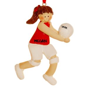 Image of Volleyball Girl Player RED Shirt Personalized Ornament BRUNETTE