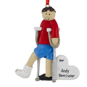 BOY Broken Leg On Crutches Ornament BROWN Hair