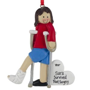 GIRL With Broken LEG On Crutches Ornament BRUNETTE
