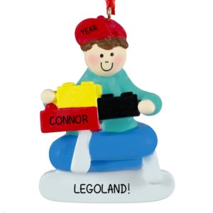 Image of BOY Building Lego Blocks Personalized Ornament BROWN Hair