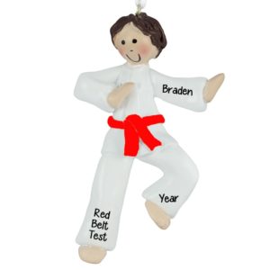 Image of Personalized Karate Boy RED Belt Ornament BROWN Hair