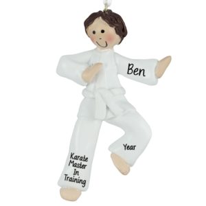 Image of Personalized Karate Boy WHITE Belt Ornament BROWN Hair