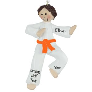Image of Personalized Karate Boy ORANGE Belt Ornament BROWN Hair