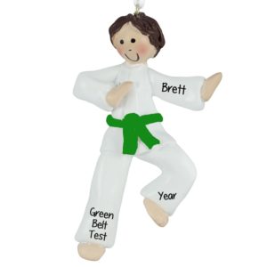 Image of Personalized Karate Boy GREEN Belt Ornament BROWN Hair
