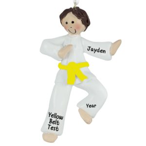 Image of Personalized Karate Boy YELLOW Belt Ornament BROWN Hair