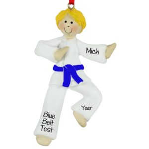 Image of Personalized Karate Boy BLUE Belt Ornament BLONDE