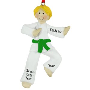 Image of Personalized Karate Boy GREEN Belt Ornament BLONDE