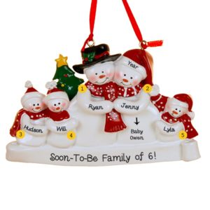 Image of Expecting Snow Family Of 5 Red Scarves Personalized Ornament