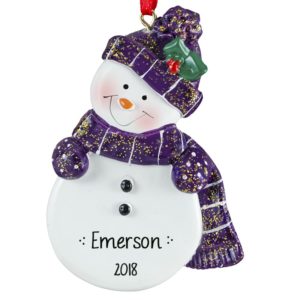 Image of Snowman Wearing PURPLE Striped Scarf & Hat Glittered Ornament