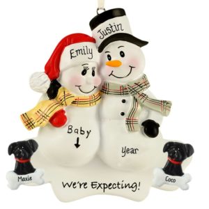 Image of Personalized Expecting Snow Couple + 2 DOGS Plaid Scarves Ornament