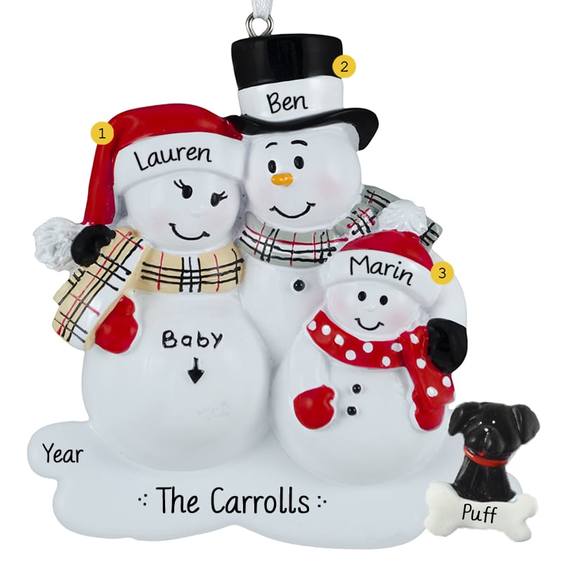 Personalized Snowman Family of 3 w/ Dog Christmas Ornament 