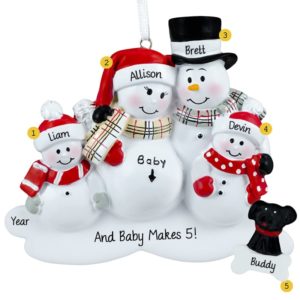 Image of Personalized Expecting Snow Family Of 4 With DOG Ornament