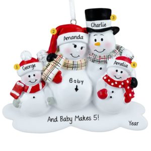 Image of Personalized Expecting Snow Family Of 4 Plaid Scarves Ornament
