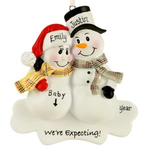 Image of Personalized Expecting Snow Couple Plaid Scarves Ornament