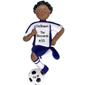 Image of AFRICAN AMERICAN BOY Soccer Dribbling Ball BLUE Shirt Ornament