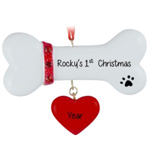 Image of Puppy's 1st Christmas Dog Bone Dangling  RED Heart Ornament