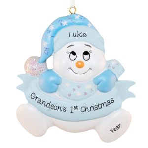 Image of Personalized Grandson's 1ST Christmas BLUE Snowbaby Keepsake Ornament