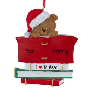 Image of Tan Bear Reading Book Personalized Christmas Ornament