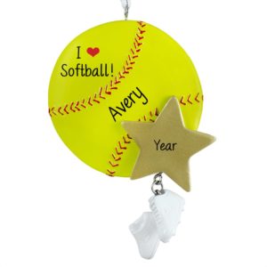 Image of Personalized Softball With Dangling Cleats Ornament YELLOW