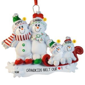 Image of Grandparents + 2 Kids Snowmen On Sled Ornament