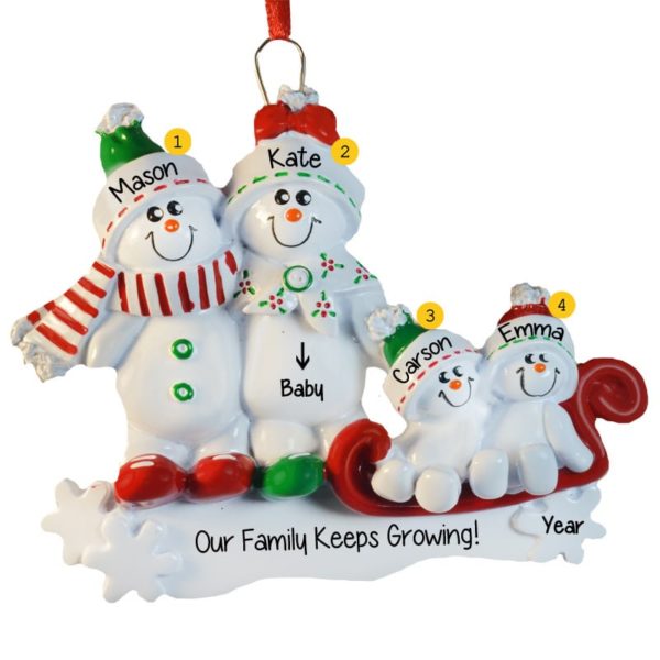 Expecting Snow Couple With Two Kids On Sled Ornament | Personalized ...